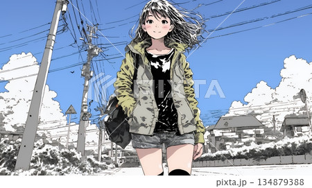 雪解けでぬかるんだ道を歩く若い女性