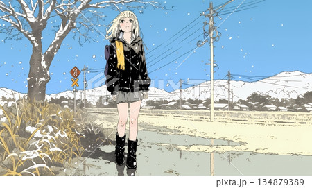 雪解けでぬかるんだ道を歩く若い女性