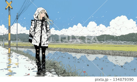 雪解けでぬかるんだ道を歩く若い女性