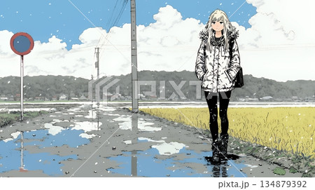 雪解けでぬかるんだ道を歩く若い女性