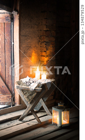 Manger in the barn. Christmas background Manger in the barn. Christmas background 134879529