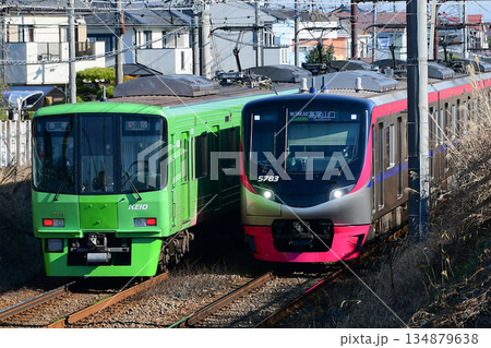 離合する京王8000系8713F高尾山トレインと5000系5733FMt.TAKAO号ダブル高尾山 離合する京王8000系8713F高尾山トレインと5000系5733FMt.TAKAO号ダブル高尾山 134879638