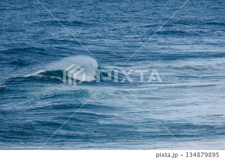 Surfer riding a towering blue wave in the open ocean during a dramatic surfing session Surfer riding a towering blue wave in the open ocean during a dramatic surfing session 134879895