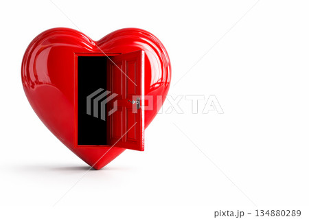 Red heart with open door isolated on white background symbolizing love romance valentine invitation concept 134880289
