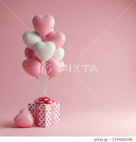 Valentine gift box with heart balloons on pink background romantic celebration concept with copy space 134880296