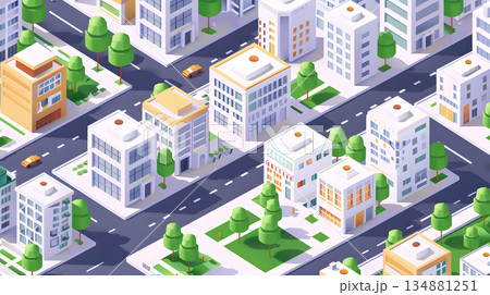 Clean isometric view of a city block in flat vector style. 134881251