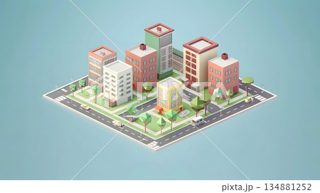 Clean isometric view of a city block in flat vector style. 134881252