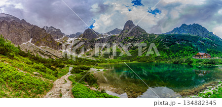 Dark storm clouds over alpine lake Zelene pleso in High Tatras Dark storm clouds over alpine lake Zelene pleso in High Tatras 134882345