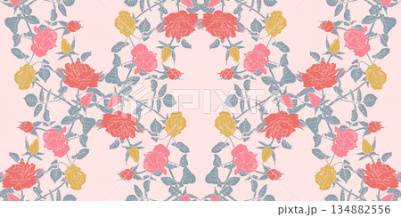 Vintage seamless pattern with hand drawn pink rose flowers on gray background Vintage seamless pattern with hand drawn pink rose flowers on gray background 134882556