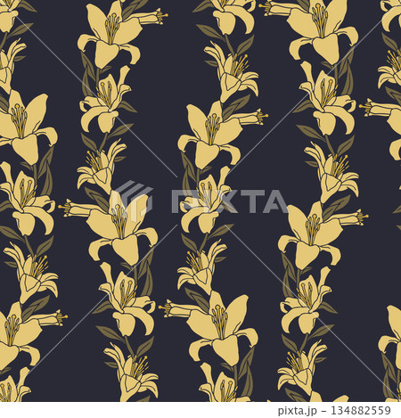 Hand drawn yellow line art lily flowers vine vintage seamless pattern with black background Hand drawn yellow line art lily flowers vine vintage seamless pattern with black background 134882559