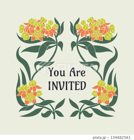 Hand drawn Art nouveau milkweed flowers and leaves frame. Vintage tropical botanical border card template with text you are invited 134882561