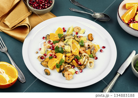 Seafood salad with orange. Seafood salad with orange. 134883188