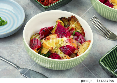 Baked fish fillet. 134883190