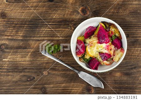 Diet fish baked with pitahaya or dragon fruit. Diet fish baked with pitahaya or dragon fruit. 134883191