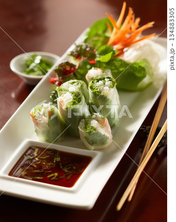 Gourmet Fresh Shrimp Summer Rolls with Herbs and Soy Dipping Sauce 134883305