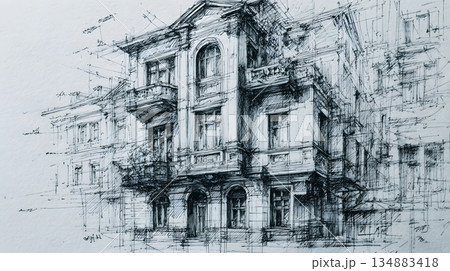 architectural sketch background with pencil-style drawing. 134883418