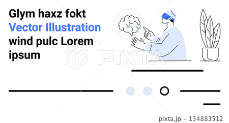 Artificial intelligence, virtual reality, neuroscience, e-learning, data visualization, healthcare technology. Man using VR headset analyzing brain imagery. Artificial intelligence and virtual 134883512