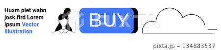 Online shopping, digital technology, e-commerce, graphic design, user interface, cloud storage. Blue buy button with avatar and cloud icon. Online shopping and digital technology concept Online shopping, digital technology, e-commerce, graphic design, user interface, cloud storage. Blue buy button with avatar and cloud icon. Online shopping and digital technology concept 134883537