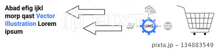 Warehouse logistics, supply chain, e-commerce operations, inventory management, global trade, retail services. Arrows pointing to shopping cart icon and warehouse system. Warehouse and e-commerce Warehouse logistics, supply chain, e-commerce operations, inventory management, global trade, retail services. Arrows pointing to shopping cart icon and warehouse system. Warehouse and e-commerce 134883549