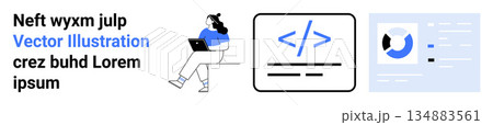 Software development, programming, web design, digital technology, IT services, coding. Woman with a laptop, coding symbols graphical interface. Software development and programming ion Software development, programming, web design, digital technology, IT services, coding. Woman with a laptop, coding symbols graphical interface. Software development and programming ion 134883561