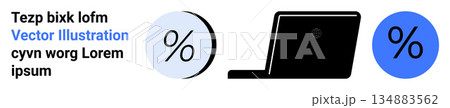 Finance, business analytics, technology, digital tools, data insights, online calculation. Two percentage signs and a laptop illustrated together. Finance and business analytics concepts Finance, business analytics, technology, digital tools, data insights, online calculation. Two percentage signs and a laptop illustrated together. Finance and business analytics concepts 134883562