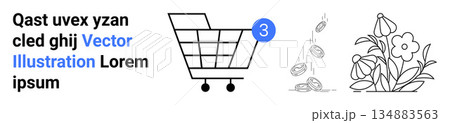 E-commerce, money transactions, notifications, shopping, savings, floral designs. A shopping cart with a notification badge, coins falling and a floral illustration. E-commerce and savings concepts E-commerce, money transactions, notifications, shopping, savings, floral designs. A shopping cart with a notification badge, coins falling and a floral illustration. E-commerce and savings concepts 134883563