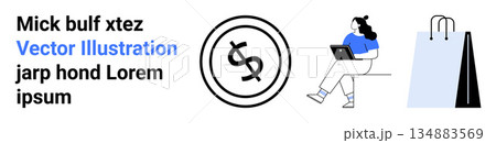Online shopping, financial transactions, retail business, remote work, e-commerce marketing, digital payment. Woman sitting with a laptop, shopping bag and dollar icon. Online shopping and financial Online shopping, financial transactions, retail business, remote work, e-commerce marketing, digital payment. Woman sitting with a laptop, shopping bag and dollar icon. Online shopping and financial 134883569