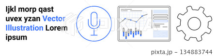 Analytics, audio technology, business insights, workflow management, software solutions, AI integration. Microphone icon, data graphs gear. Analytics and audio technology concept 134883744