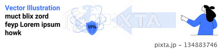 Network security, internet privacy, data protection, VPN services, online encryption, and remote connectivity. Woman pointing at VPN shield icon security. Network security and internet privacy Network security, internet privacy, data protection, VPN services, online encryption, and remote connectivity. Woman pointing at VPN shield icon security. Network security and internet privacy 134883746