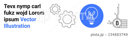 Cryptocurrency, blockchain, innovation, fintech, digital currency, and technology development. Blue light bulb, gears and Bitcoin symbol connected to circuits. Cryptocurrency and blockchain concept Cryptocurrency, blockchain, innovation, fintech, digital currency, and technology development. Blue light bulb, gears and Bitcoin symbol connected to circuits. Cryptocurrency and blockchain concept 134883749