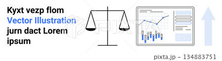 Decision-making, business analysis, legal services, strategy, data insights, balance. Scales beside a statistical chart with graphs and upward arrow. Decision-making and business analysis concept Decision-making, business analysis, legal services, strategy, data insights, balance. Scales beside a statistical chart with graphs and upward arrow. Decision-making and business analysis concept 134883751