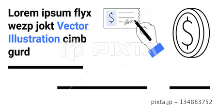 Financial transactions, banking, payroll, payment processing, cash flow, economic exchange. Hand signing a check and a dollar icon. Financial transactions and banking concept Financial transactions, banking, payroll, payment processing, cash flow, economic exchange. Hand signing a check and a dollar icon. Financial transactions and banking concept 134883752