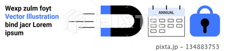 Cybersecurity, encryption, online protection, privacy management, data safety, annual security updates. Magnet pulling toward a calendar and lock icon. Cybersecurity and encryption concepts 134883753