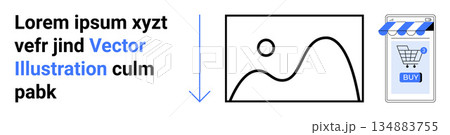 E-commerce, online shopping, file downloading, web design, digital content, marketing. A storefront with a shopping cart and a download icon next to a minimalist image placeholder. E-commerce 134883755