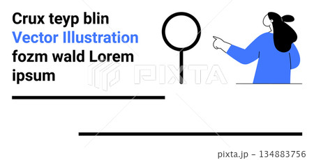 Business analytics, online research, problem-solving, user inquiry, digital tools, education. Female figure pointing at a large magnifying glass. Business analytics and online research 134883756