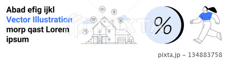 Real estate marketing, financial planning, housing illustration, smart home technology, property management, connectivity. Modern house surrounded by digital icons and percentage symbol. Real estate 134883758