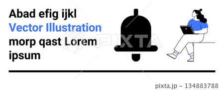 Digital communication, user interface, notifications, productivity, online learning, remote work. Bell icon with text and a woman using a laptop. Digital communication and notifications concept Digital communication, user interface, notifications, productivity, online learning, remote work. Bell icon with text and a woman using a laptop. Digital communication and notifications concept 134883788