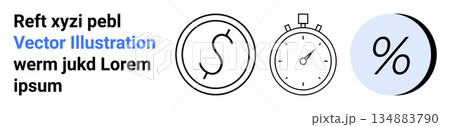Finance, time tracking, analytics, budgeting, performance measurement, data analysis. Circular icons dollar sign, stopwatch percentage. Finance and time tracking concepts illustrated 134883790