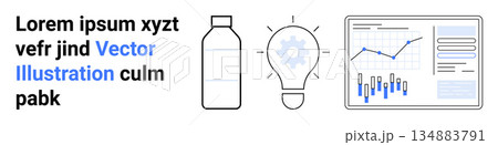 Innovation, analytics reporting, creative strategy, productivity analysis, idea generation, marketing trends. A bottle, light bulb with gear and chart with growth analysis. Innovation and analytics Innovation, analytics reporting, creative strategy, productivity analysis, idea generation, marketing trends. A bottle, light bulb with gear and chart with growth analysis. Innovation and analytics 134883791