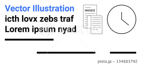 Time management, finance organization, invoicing, productivity, document processing, workflow optimization. Minimalist design shows a clock and invoice papers. Time management and finance Time management, finance organization, invoicing, productivity, document processing, workflow optimization. Minimalist design shows a clock and invoice papers. Time management and finance 134883792