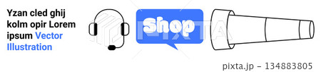 E-commerce, customer support, online shopping, exploration, navigation, sales tools. A headset, shop speech bubble and telescope outline in a flat vector style. E-commerce and customer support E-commerce, customer support, online shopping, exploration, navigation, sales tools. A headset, shop speech bubble and telescope outline in a flat vector style. E-commerce and customer support 134883805