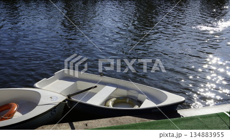 A small boat near a river pier on a sunny day 134883955