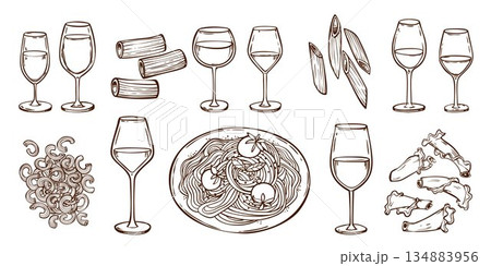 Doodle pasta and wine glasses set on white 134883956