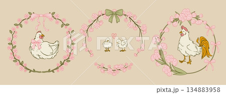 Cottagecore hen, chicken, rooster in floral frames 134883958