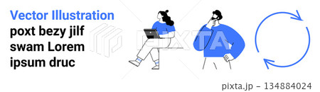 Business strategy, teamwork, creative thinking, workflow, brainstorming, digital tools. Person on laptop, person thinking circular arrows. Teamwork and creative thinking visualization Business strategy, teamwork, creative thinking, workflow, brainstorming, digital tools. Person on laptop, person thinking circular arrows. Teamwork and creative thinking visualization 134884024