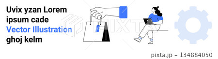 E-commerce, online shopping, business innovation, digital marketing, technology advancements, consumer behavior. Hand holding shopping bags and woman with laptop. E-commerce and online shopping E-commerce, online shopping, business innovation, digital marketing, technology advancements, consumer behavior. Hand holding shopping bags and woman with laptop. E-commerce and online shopping 134884050