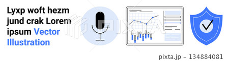 Data protection, analytics, digital security, technology innovation, audio input, cyber solutions. Icon set includes a microphone, data charts and a shield with a checkmark. Digital security 134884081