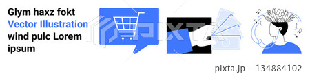 E-commerce, digital transactions, innovation in design, modern shopping, creativity, brainstorming. Shopping cart icon, money exchange and person with ideas. E-commerce and digital transactions 134884102