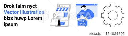 Online shopping, cashback rewards, digital marketing, customer service, business solutions, and technology. Illustrated elements include shopping bags, cashback icon and gear. E-commerce 134884205