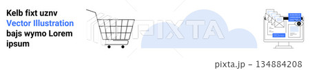 E-commerce, cloud technology, online retail, user interface design, website development, graphic resources. Shopping cart next to a cloud and a web design page. E-commerce and cloud technology theme E-commerce, cloud technology, online retail, user interface design, website development, graphic resources. Shopping cart next to a cloud and a web design page. E-commerce and cloud technology theme 134884208